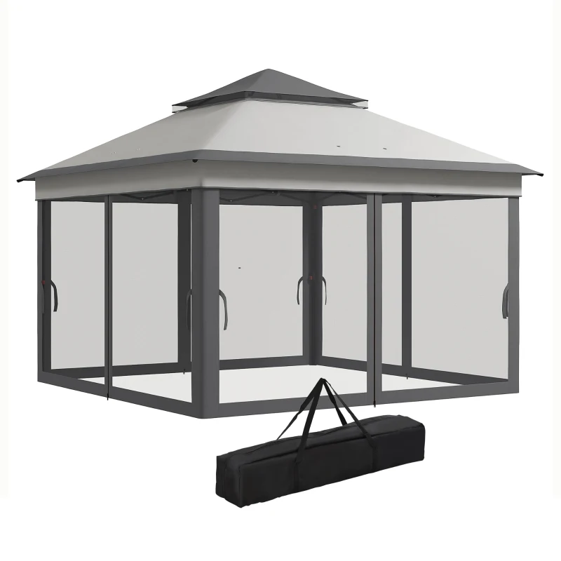 Outsunny Gazebo con Zanzariere Regolabile su 3 Livelli, in Acciaio e tessuto Oxford, 326x326x272 cm, Grigio Chiaro e Scuro