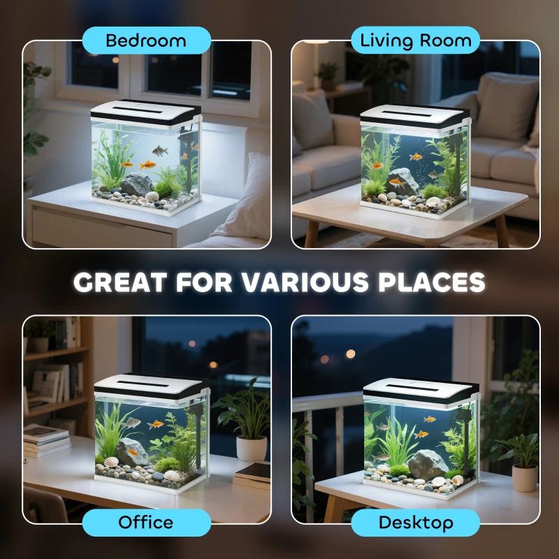 PawHut 28L Glass Aquarium Fish Tank with Filter, LED Lighting, for Betta, Guppy, Mini Parrot Fish, Shrimp, 38 x 26 x 39.5cm