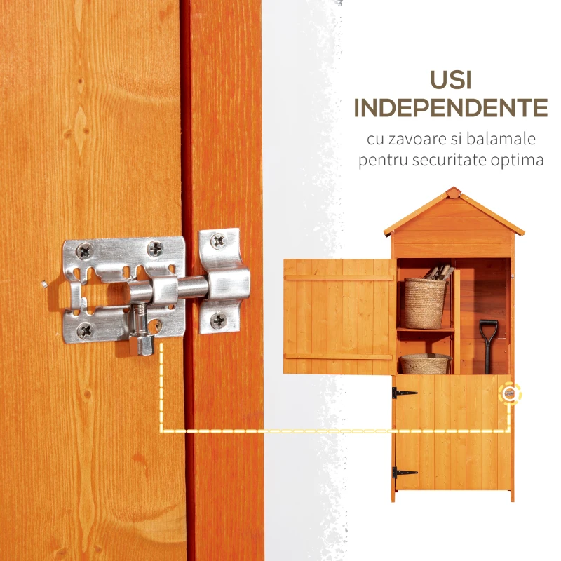Outsunny sopron de Gradina din Lemn cu 2 Usi, Dulap de Exterior Depozitare Unelte cu 3 Rafturi, 84x52x188 cm(m-6)