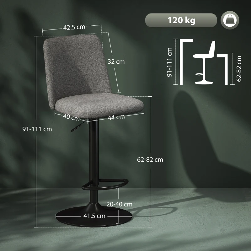 HOMCOM Set 2 Sgabelli da Bar Girevoli ad Altezza Regolabile, in Tessuto Effetto Lino, 44x53x91-111 cm, Grigio Scuro