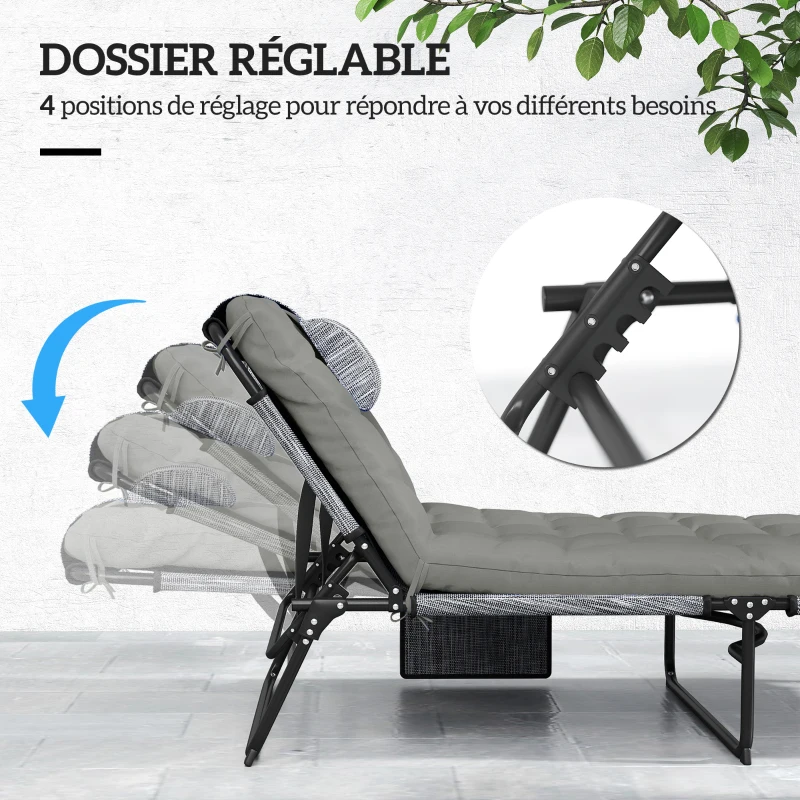 Outsunny Lot de 2 transats bains de soleil pliable avec dossier inclinable 4 positions - appui-tête et matelas épais