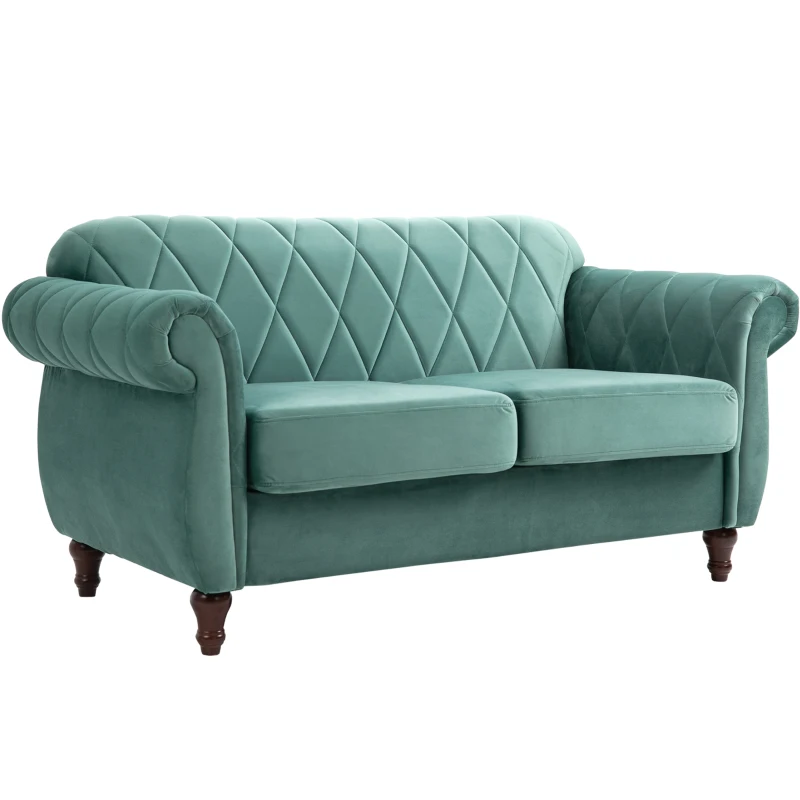 HOMCOM Divano 2 Posti Design Vintage Rétro in Legno e Velluto, 148 x 72 x 76 cm, Verde