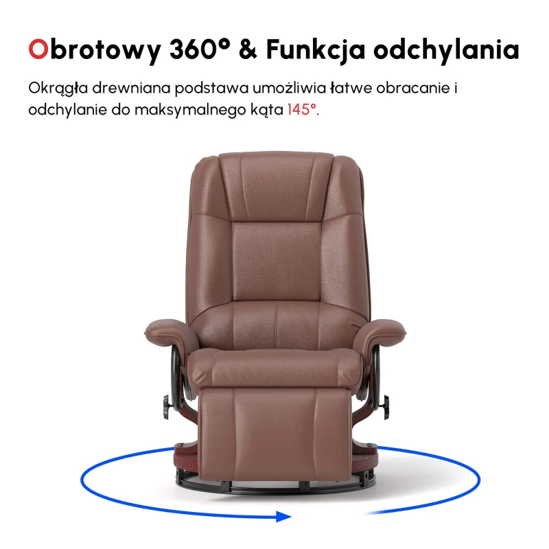 HOMCOM Fotel Relaksacyjny, 145° Regulowane Oparcie, Podnóżek, Skóra Ekologiczna, Obrotowy, do 120 kg, Brązowy