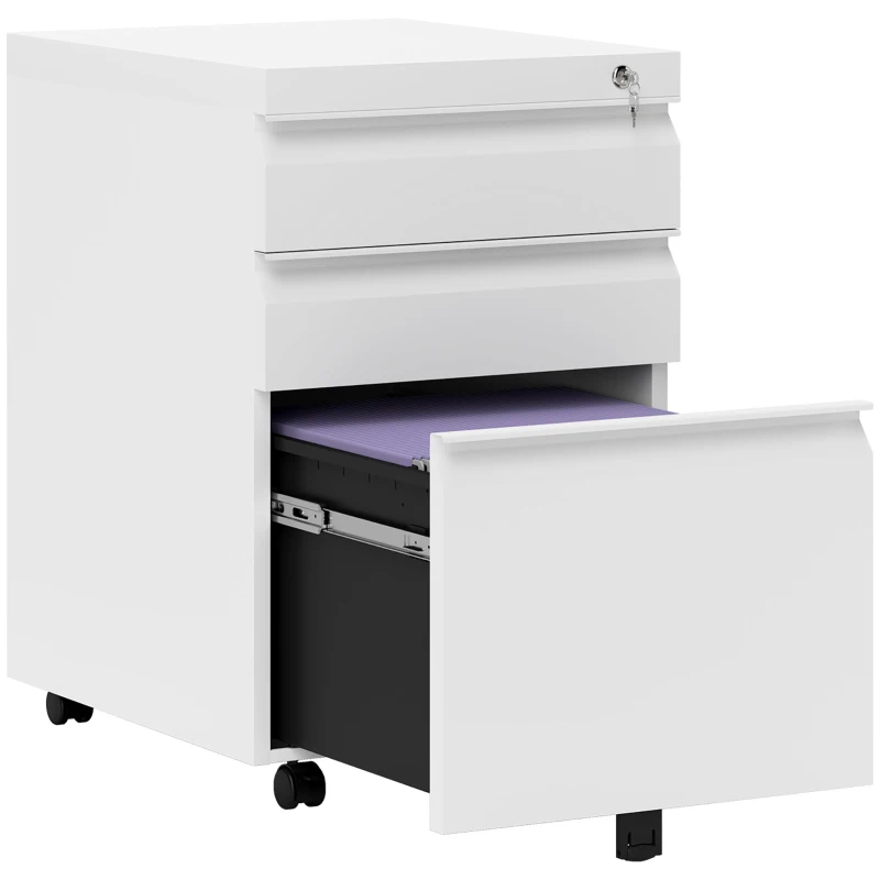 HOMCOM Rolcontainer met 3 lades – Mobiele archiefkast met wielen, afsluitbaar Bureau- en thuiskantoor kast met concave grepen, 39 x 48 x 60 cm,Wit