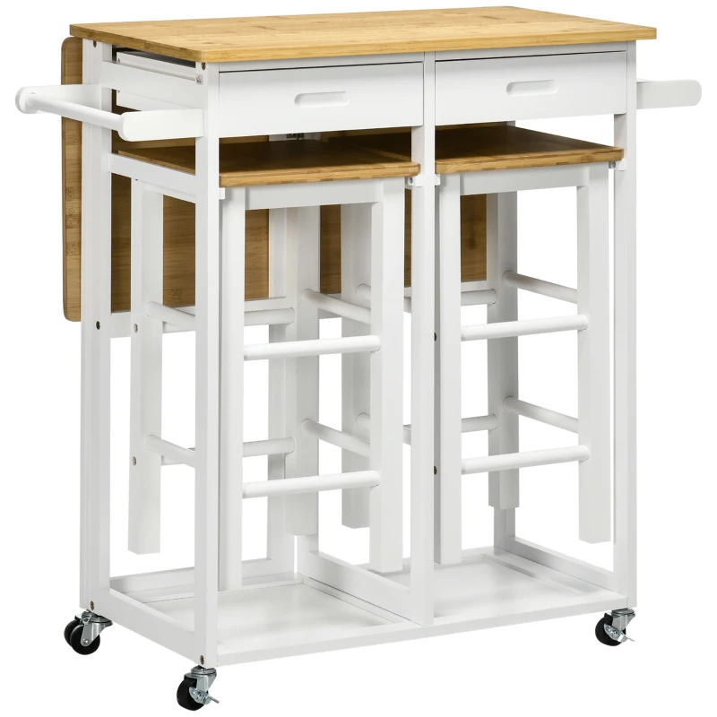 HOMCOM Ensemble table de bar pliable roulettes + 2 tabourets blanc et bois clair - 2 tiroirs et porte-torchons