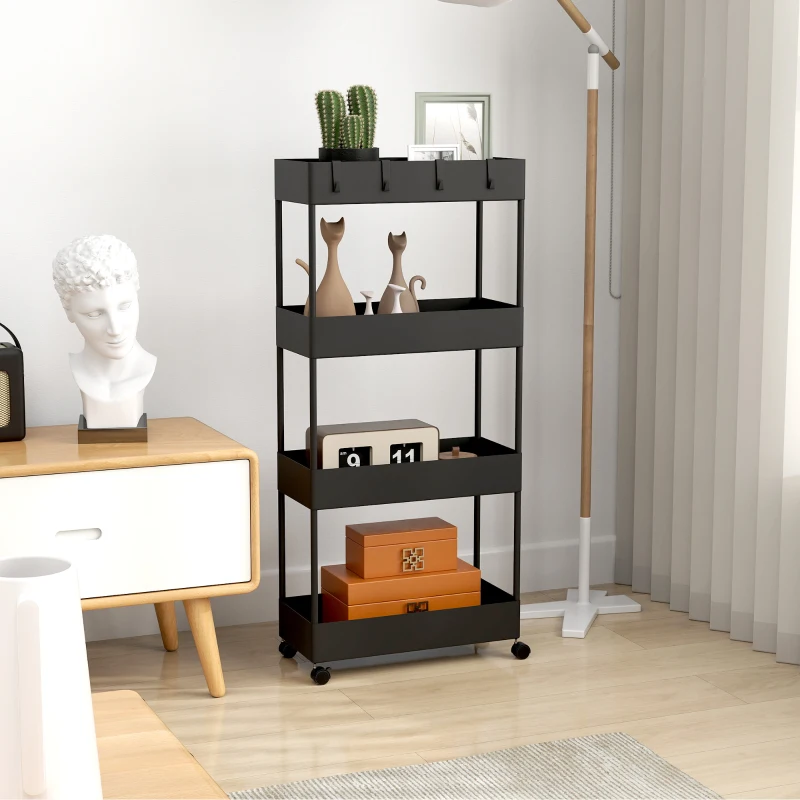 HOMCOM Carro de Cocina de 4 Niveles Carrito Auxiliar con Ruedas 4 Cestas y 4 Ganchos Extraíbles para Salón 40x19x90 cm Negro