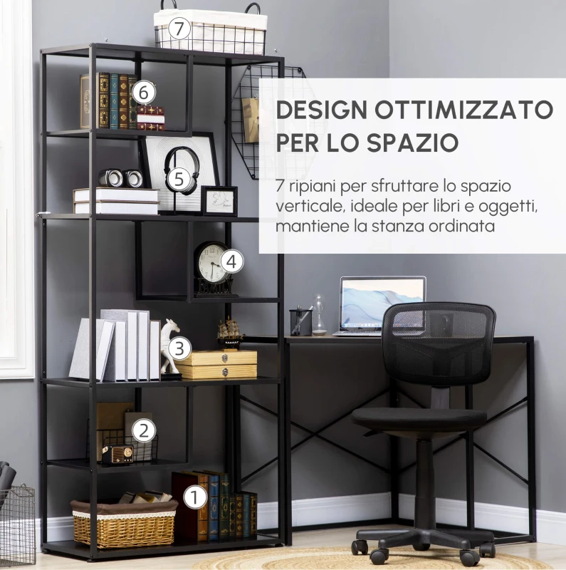 HOMCOM Mobile Libreria a 7 Livelli in Truciolato e Acciaio per Soggiorno, Camera da Letto e Ufficio, 83x34x180 cm, Nero