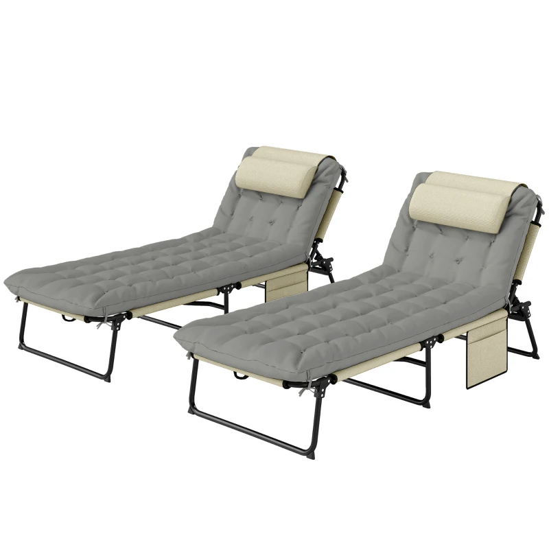 Outsunny Lot de 2 transats bains de soleil pliable avec dossier inclinable 4 positions - appui-tête et matelas épais crème