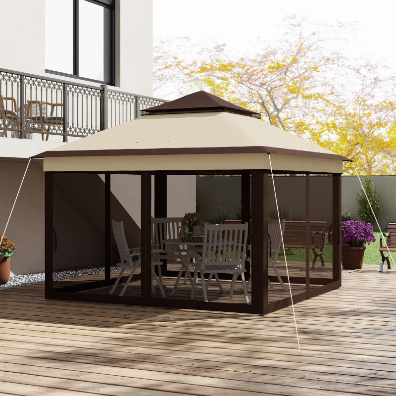 Outsunny Carpa Plegable 3,26x3,26x2,72m con Doble Techo Altura Ajustable Mosquiteras Protección UV30+ y Bolsa de Transporte Beige