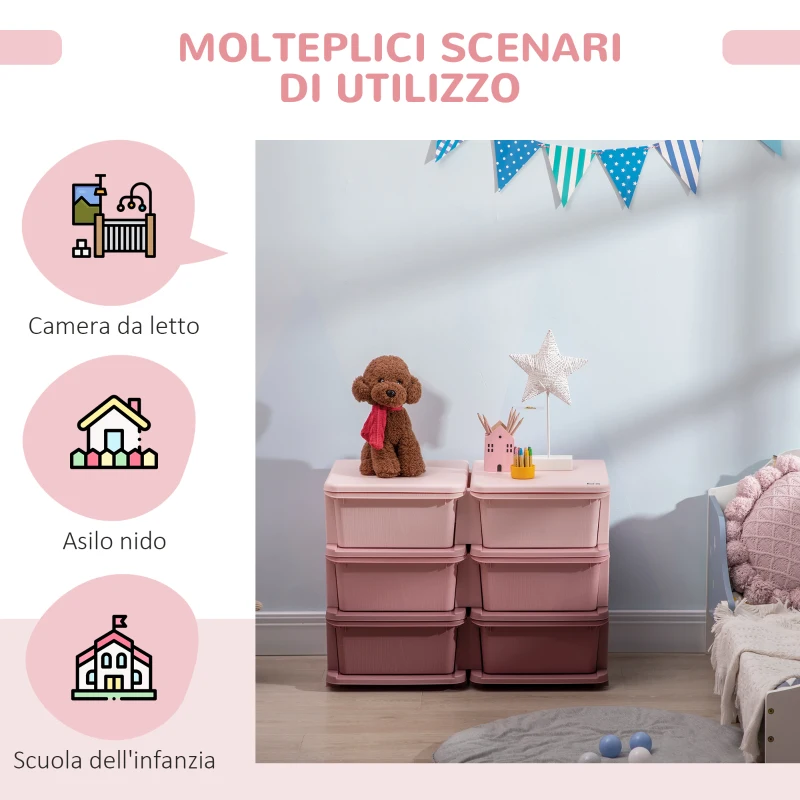 HOMCOM Cassettiera 6 Cassetti per Bambini 3-6 Anni con Bordi Arrotondati, in PP Rosa, 75x37x56.5 cm