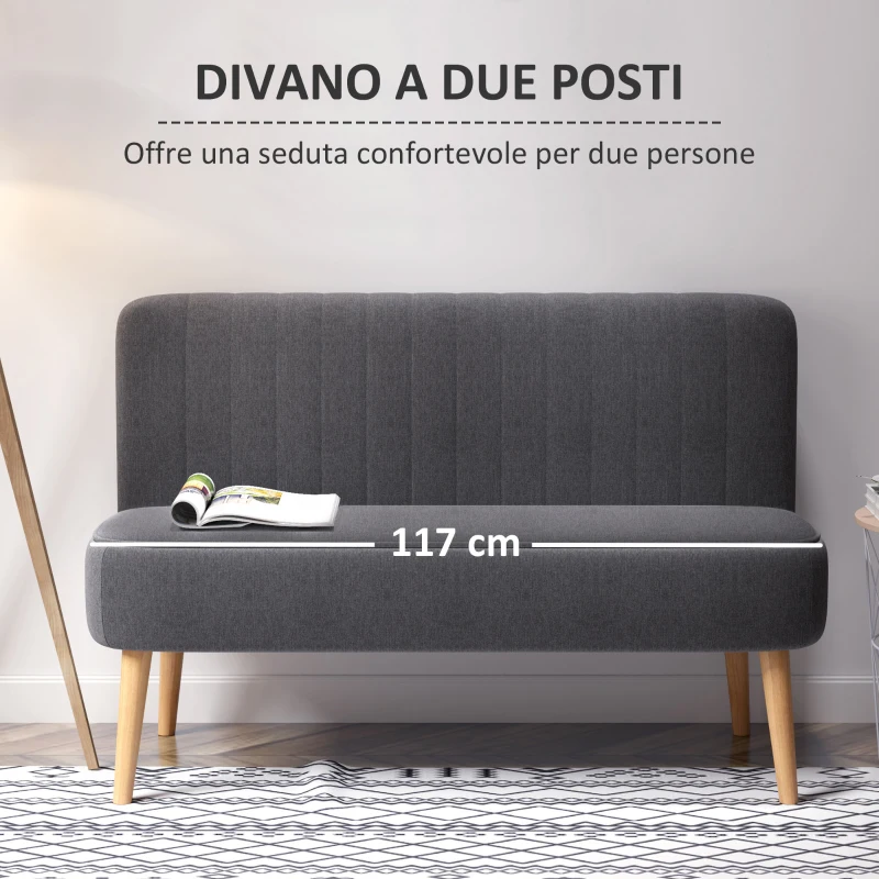 HOMCOM Divano 2 Posti Moderno in Tessuto Senza Braccioli, Divanetto da Salotto con Gambe in Legno, 117x56.5x77 cm, Grigio Scuro