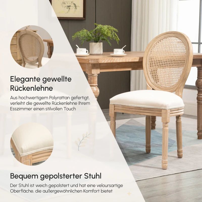 HOMCOM 2er-Set Küchenstühle Polsterstühle Wienergeflecht, Massivholz, 49 cm x 56 cm x 96 cm, Cremeweiß +Natur