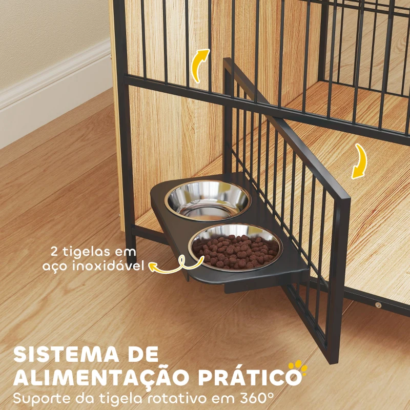 PawHut Gaiola para Cães Mesa Auxiliar Moderna com Suporte Giratório com 2 Tigelas para Cães Médios 80x56x76,5 cm Madeira e Preto