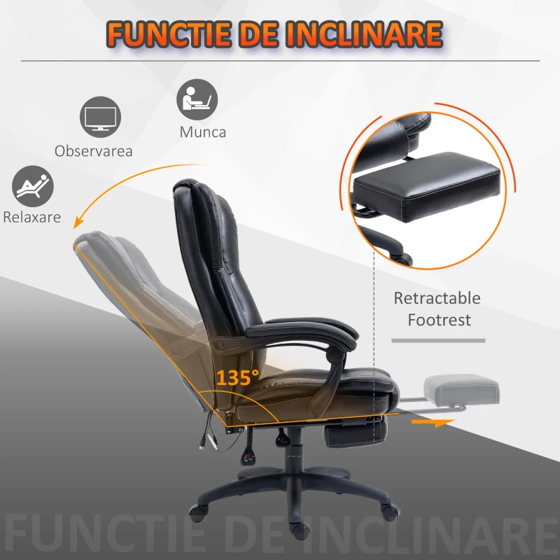 Vinsetto Scaun de birou, Scaun directorial, Scaun pivotant, cu functie de masaj, functie de inclinare, piele artificiala, spuma, plastic PP, nailon, negru, 68,5 x 68,5 x 119-127 cm
