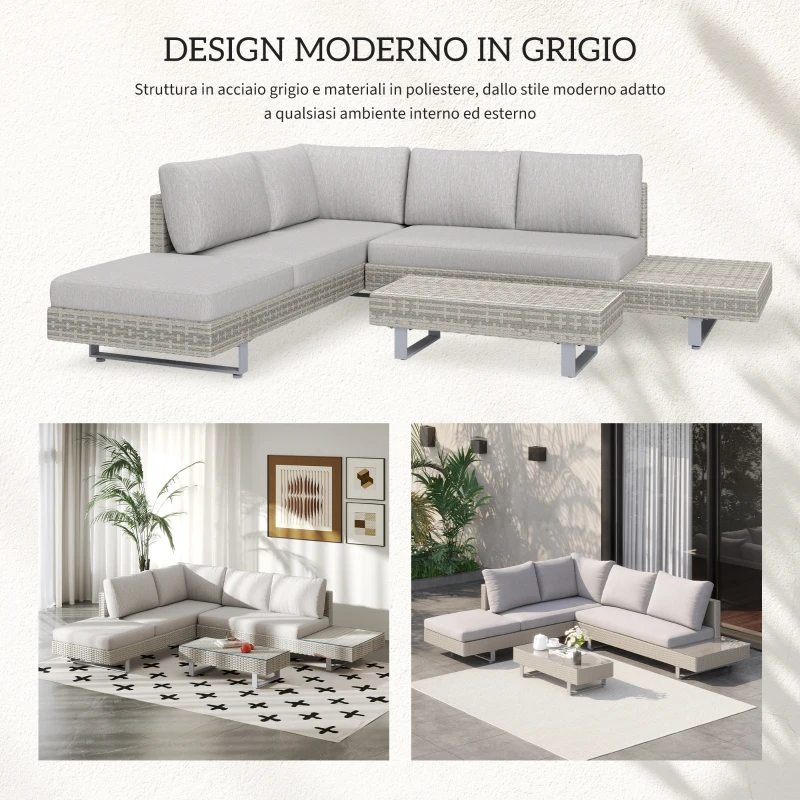 Outsunny Set Giardino Esterno, Salotto da Giardino, Set Divani da Esterno con Tavolino da Giardino, Mobili da Giardino in Rattan Grigio