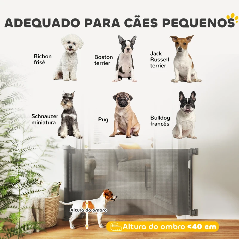 PawHut Barreira de Segurança para Cães Retrátil 0-136 cm  para Cães Pequenos com Botão de Fecho Cinzento