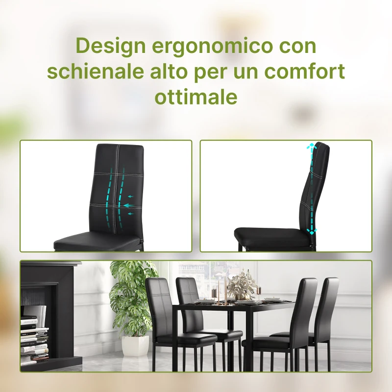 HOMCOM Set 5 Pezzi con 1 Tavolo e 4 Sedie per Cucina o Sala da Pranzo in Finta Pelle, Metallo e Vetro Temperato, Nero