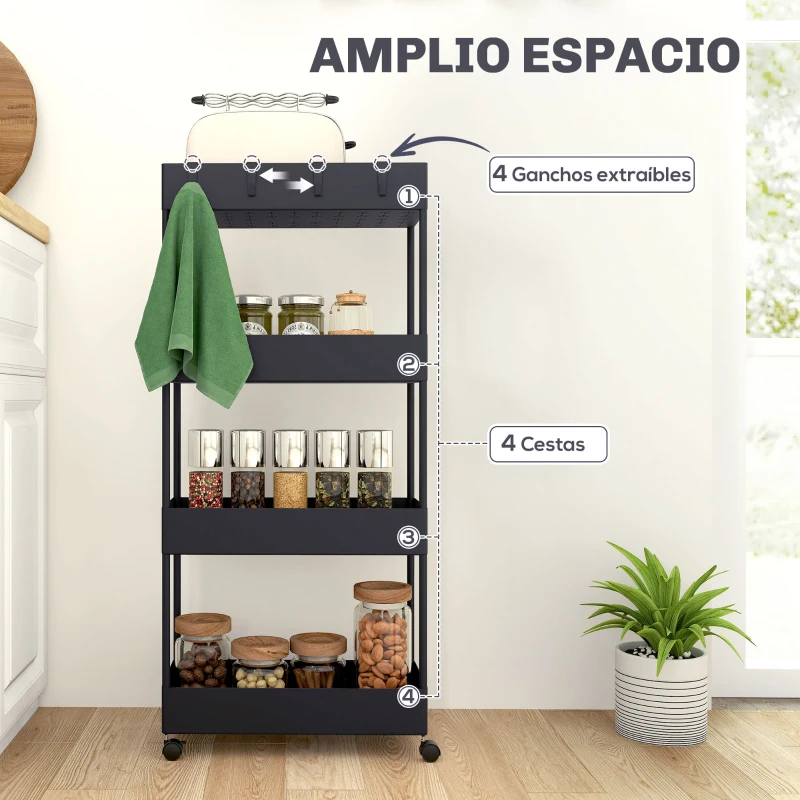 HOMCOM Carro de Cocina de 4 Niveles Carrito Auxiliar con Ruedas 4 Cestas y 4 Ganchos Extraíbles para Salón 40x19x90 cm Negro