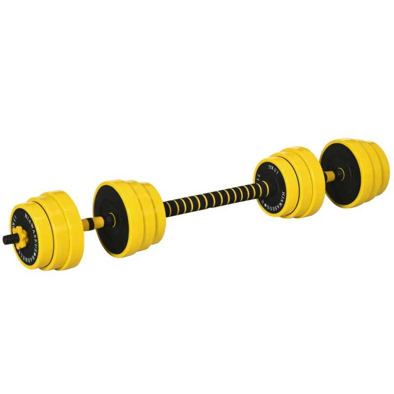 HOMCOM 25 kg Hantel & Langhantel,Einstellbare ergonomische 3-in-1 Hantelset,12 × Platten,2 × Kurze Stöcke,1 × Langer Stock,Gelb+Schwarz