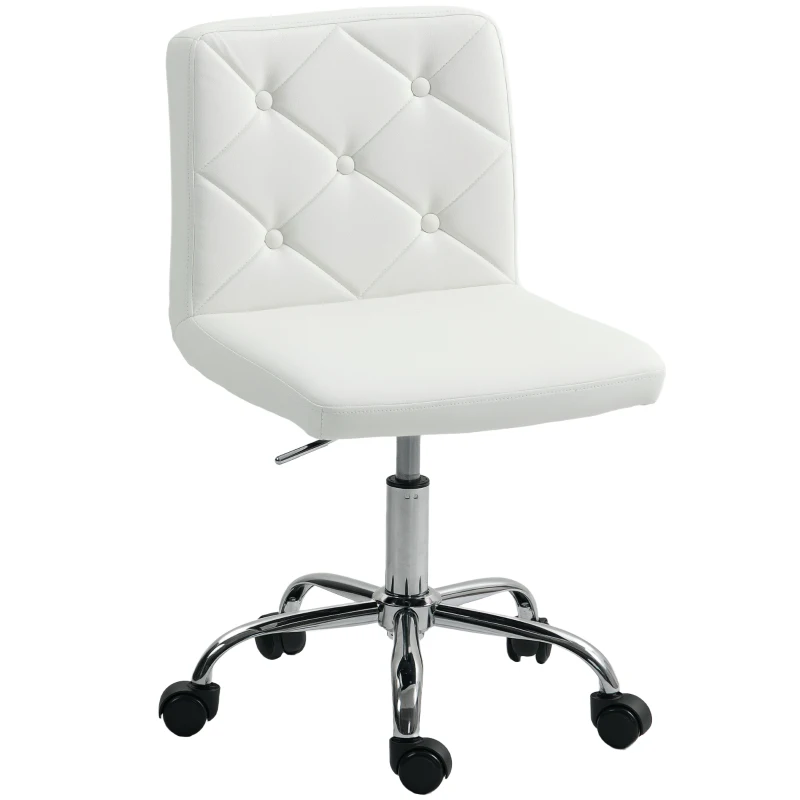 HOMCOM PU Leather Armless Office Chair, Modern Vanity Computer Swivel Chair with Rolling Wheels and Adjustable Height for Home Study, Bedroom, White