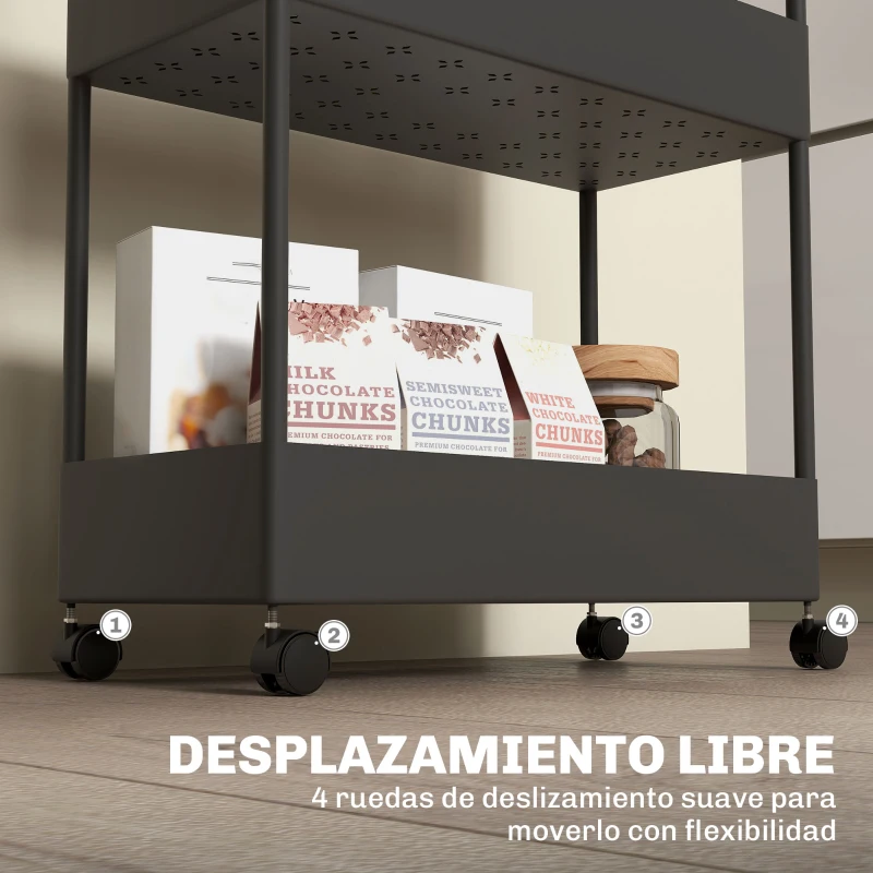 HOMCOM Carro de Cocina de 4 Niveles Carrito Auxiliar con Ruedas 4 Cestas y 4 Ganchos Extraíbles para Salón 40x19x90 cm Negro