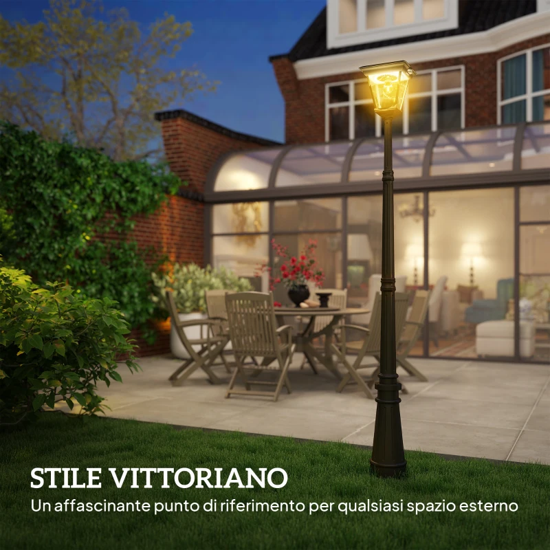 Outsunny Lampione da Giardino a Energia Solare con Sensore PIR, in Alluminio e Vetro, 26x24x220 cm, Nero