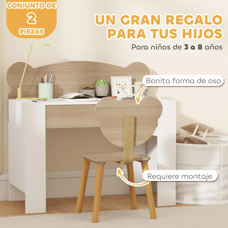 AIYAPLAY Escritorio Infantil con Silla en Forma de Osito con Cajón para Leer y Estudiar Mesa 80x41x74,5 cm y Silla 32,5x38x59 cm