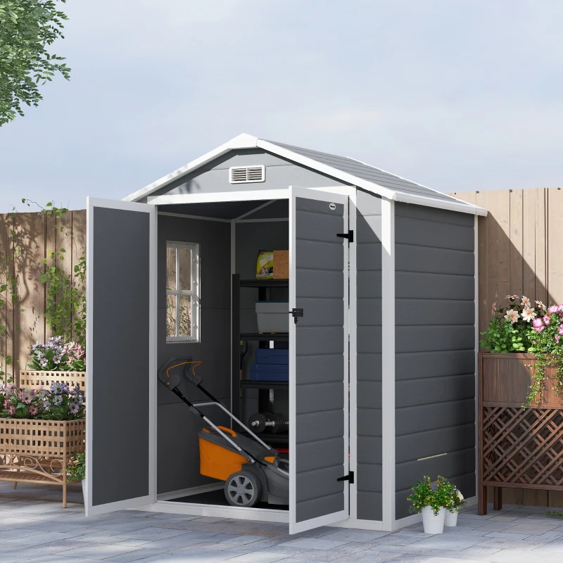 Outsunny Abri de jardin cabanon en résine polypropylène 2,12 m² - 2 portes 1 fenêtre et 1 grille d'aération, toit en pente, gris(m-2)