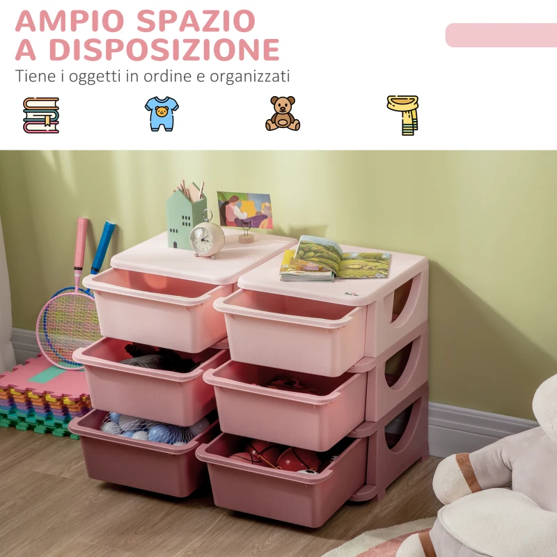 HOMCOM Cassettiera 6 Cassetti per Bambini 3-6 Anni con Bordi Arrotondati, in PP Rosa, 75x37x56.5 cm