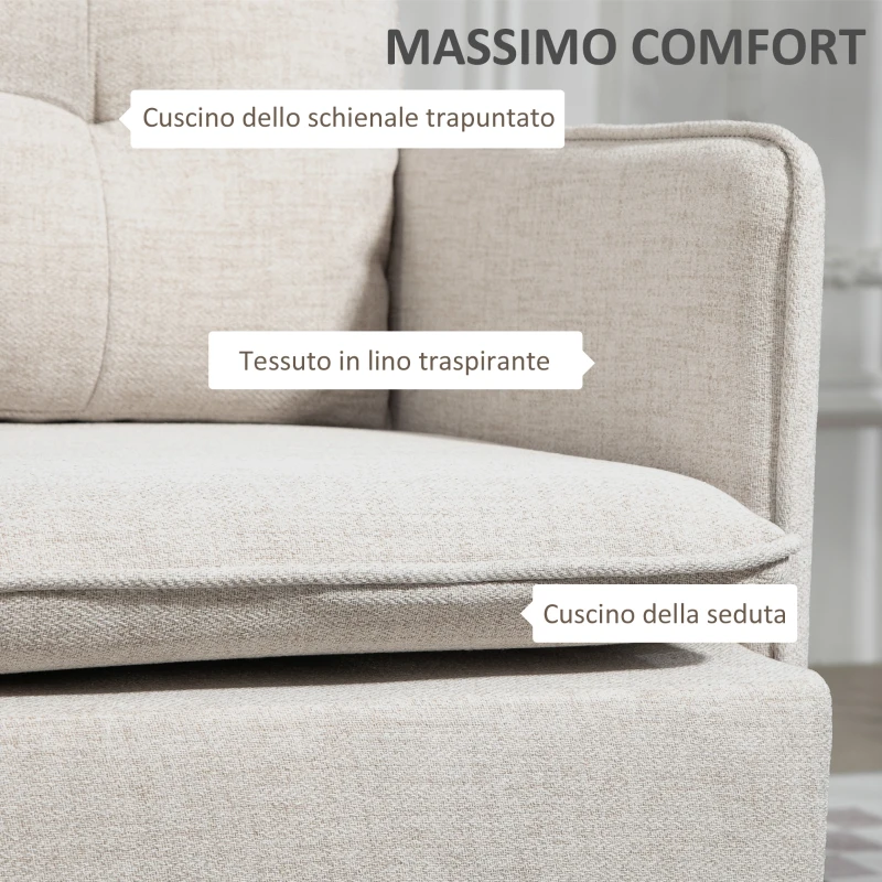 HOMCOM Divano 2 Posti in Tessuto Effetto Lino con Gambe in Acciaio e Cuscini Imbottiti, 139x68x80 cm, Bianco Crema