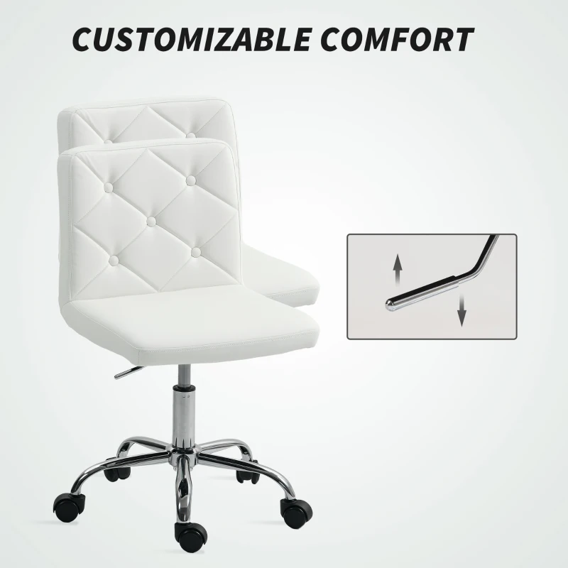 HOMCOM PU Leather Armless Office Chair, Modern Vanity Computer Swivel Chair with Rolling Wheels and Adjustable Height for Home Study, Bedroom, White
