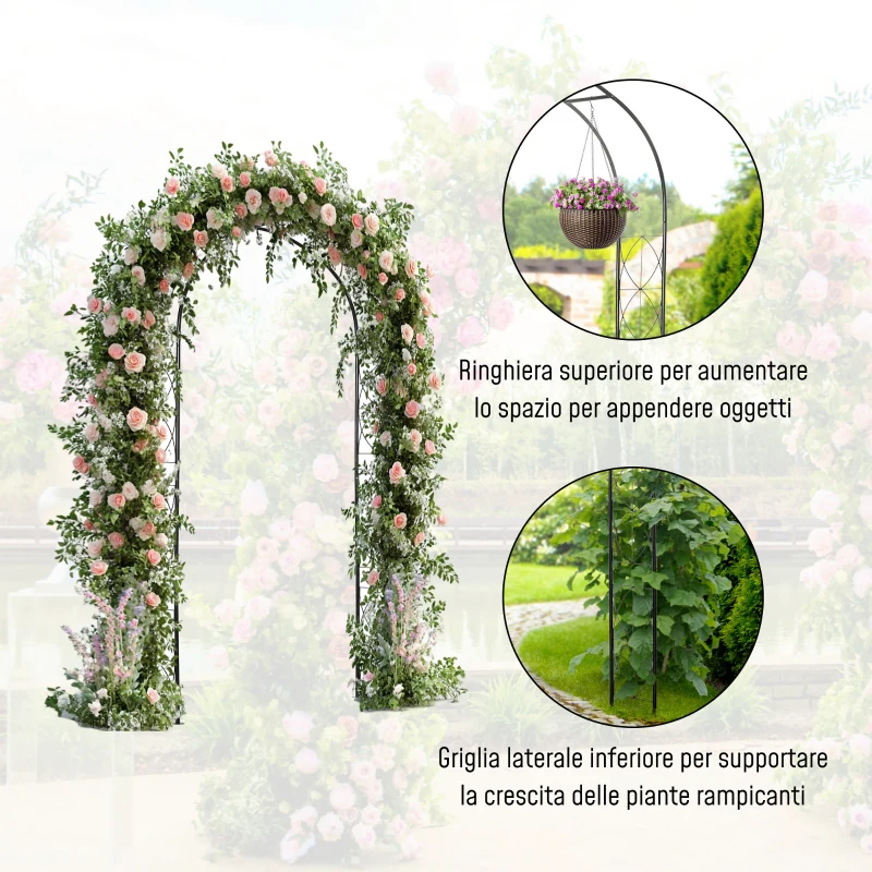 Outsunny Arco per Rose e Supporto per Piante Rampicanti in Metallo, 114x30x230cm, Nero