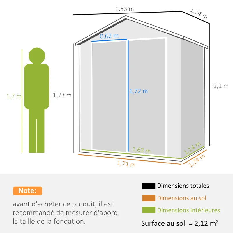 Outsunny Abri de jardin cabanon en résine polypropylène 2,12 m² - 2 portes 1 fenêtre et 1 grille d'aération, toit en pente, gris(m-3)