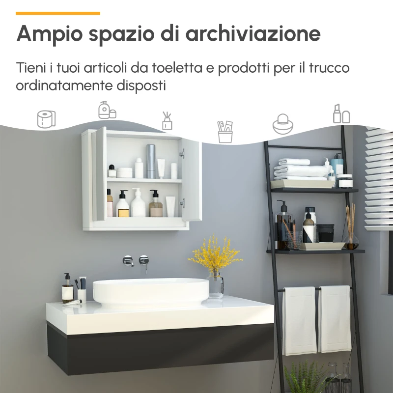 HOMCOM Armadietto Bagno a 2 Ante con Specchiera e Ripiano Regolabile in MDF, 48x14.5x45cm, Bianco