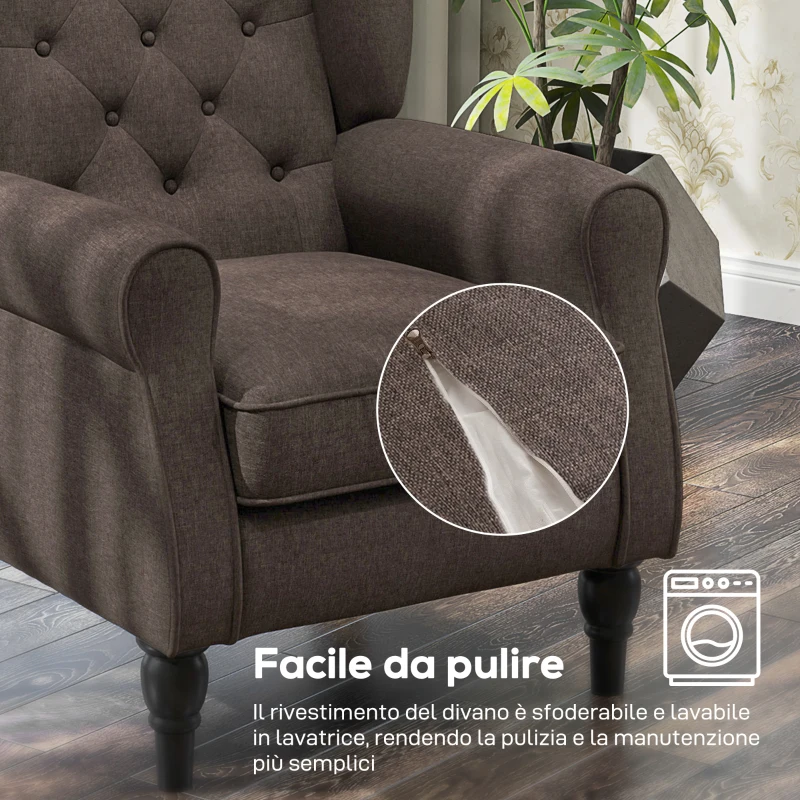 HOMCOM Poltrona per Salotto in Stile Francese con Seduta Imbottita e Cuscini, in Poliestere, 74x86x102 cm, Marrone