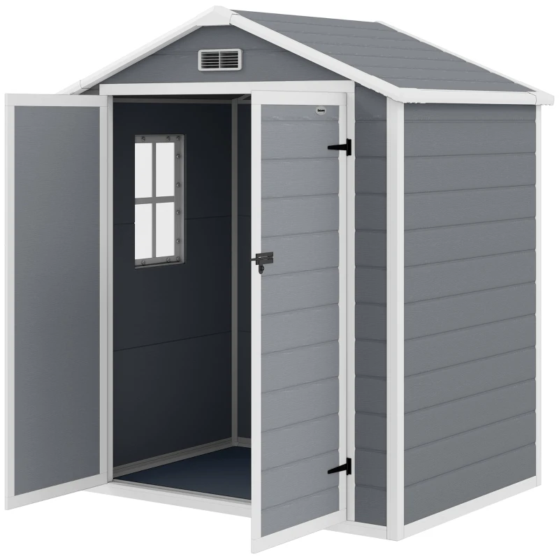 Outsunny 6'x4.5' Garden Storage Shed, Lockable Garden Shed with Double Doors, Window, Vent and Plastic Roof, Grey