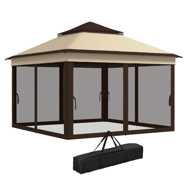 Outsunny Carpa Plegable 3,26x3,26x2,72m con Doble Techo Altura Ajustable Mosquiteras Protección UV30+ y Bolsa de Transporte Beige