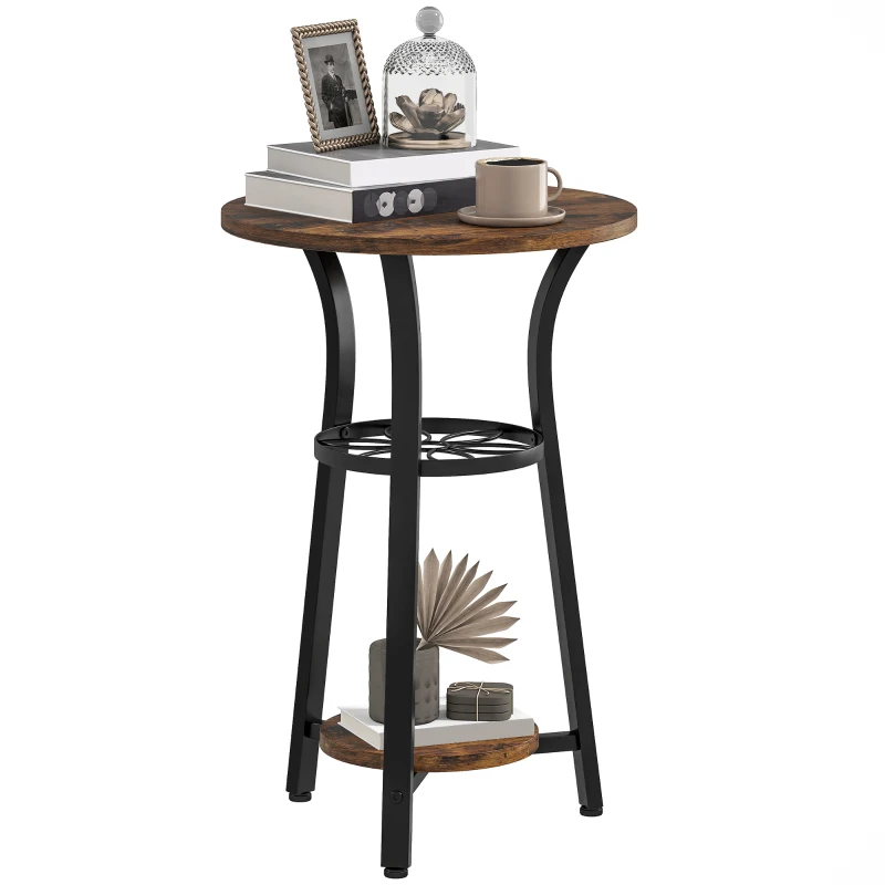 HOMCOM Small Round Side Table with 3 Storage Shelves - Rustic Brown