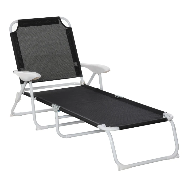 Outsunny Bain de Soleil Pliable - transat inclinable 4 Positions - Chaise Longue Grand Confort avec accoudoirs - métal époxy textilène - dim. 186L x 66l x 80H cm - Noir