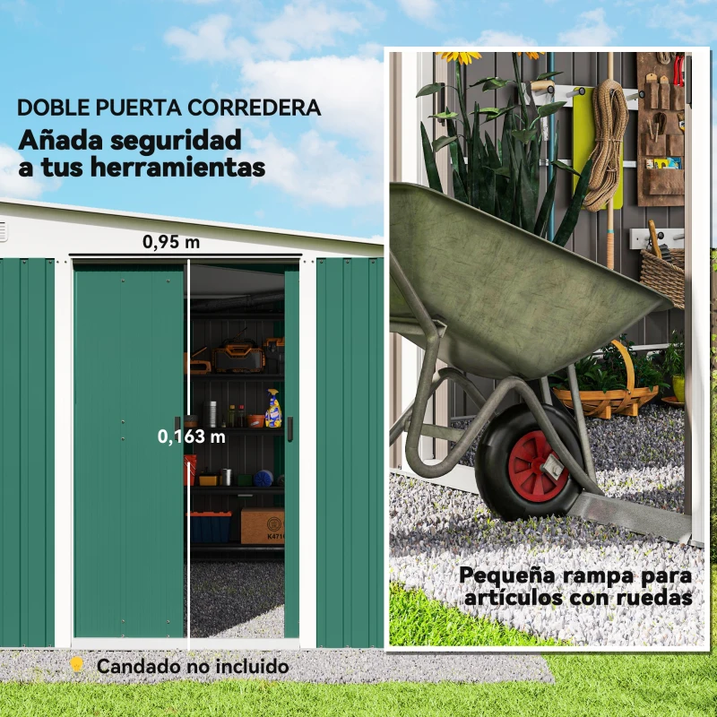 Outsunny Cobertizo de Jardín Exterior 8,9 m² 280x345x201 cm con Puerta y 2 Ventanas para Almacenamiento de Herramientas Verde