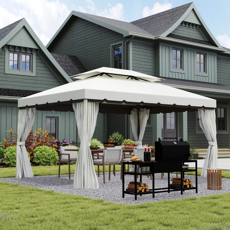 Outsunny Pérgola de Jardim 390x290 cm com Teto de Ventilação 4 Cortinas Laterais Tela Mosquiteira e 8 Orifícios de Drenagem Branco