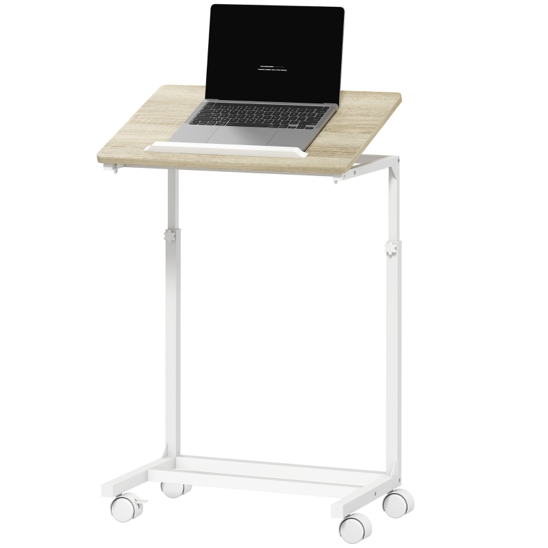 HOMCOM Table d'appoint avec roulettes en forme de C réglable en hauteur avec plateau inclinable, chêne et blanc