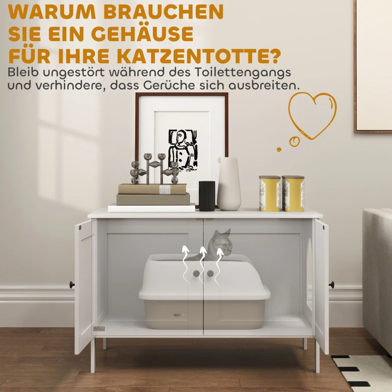 PawHut Katzenklo-Schrank Katzenhaus mit Tür Trennwand Katzentoilette für große Katzen 80 x 51 x 54 cm Weiß(m-6)