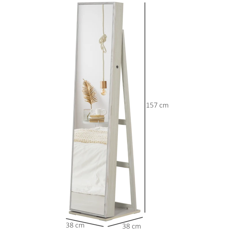 HOMCOM Specchio Portagioie a LED con 4 Scaffali e Spazi Portaoggetti, in Legno e Vetro, 15x15x61.75 cm, Bianco