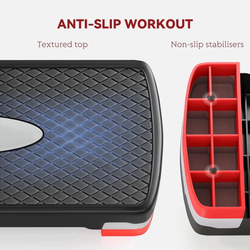 HOMCOM Aerobic Stepper, 2-Staps Hoogteverstelling, 68 x 29 x 15 cm, Zwart+Grijs+Rood