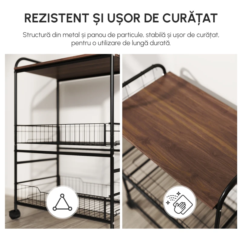 HOMCOM Carucior de Bucatarie Stil Industrial 4 Roti 2 Cosuri 4 Manere Maro