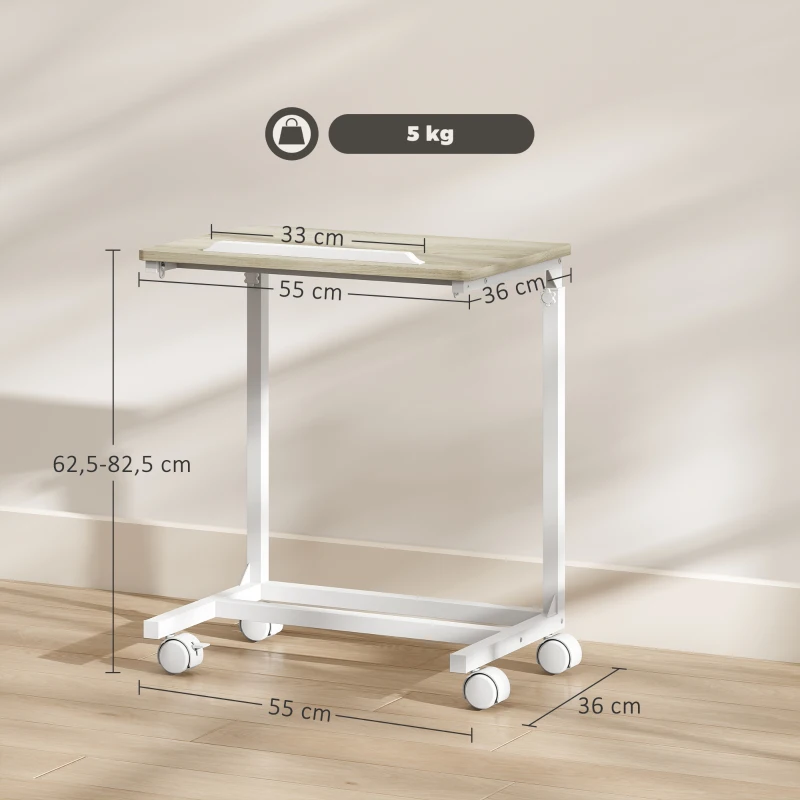 HOMCOM Table d'appoint avec roulettes en forme de C réglable en hauteur avec plateau inclinable, chêne et blanc