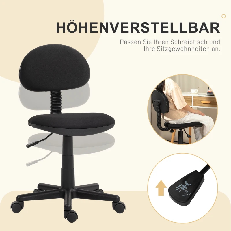 HOMCOM Bürostuhl, armloses Design, niedrige Rückenlehne, rollbar, drehbar, Schwarz