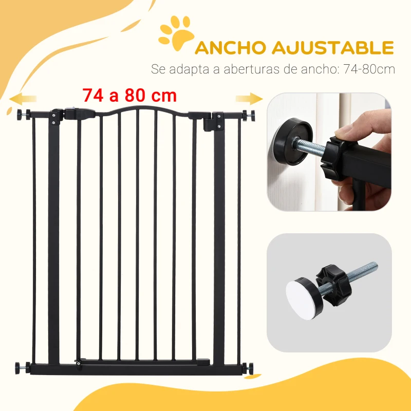 PawHut Barrera de Seguridad para Perros 74-80 cm con 2 Extensiones Montaje a Presión Doble Bloqueo para Puerta Escalera Negro