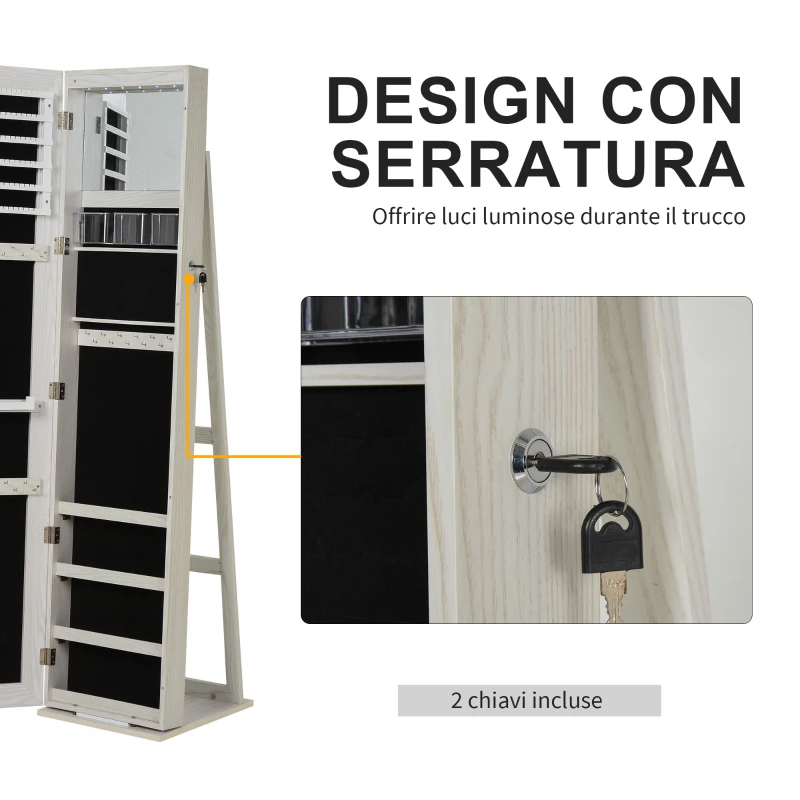 HOMCOM Specchio Portagioie a LED con 4 Scaffali e Spazi Portaoggetti, in Legno e Vetro, 15x15x61.75 cm, Bianco